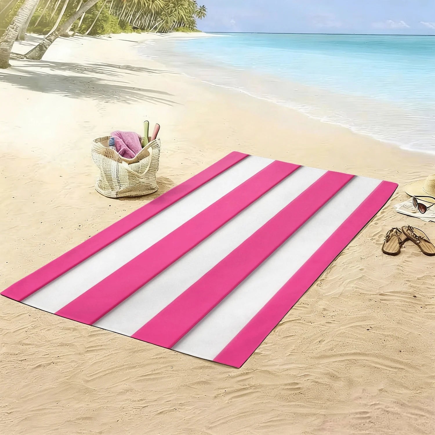 Cabana Stripe Beach Towel, Bright Pink & White Vertical Stripe Pattern Bath Towel, Perfect Pool & Beach Vacation Blanket 1pcs