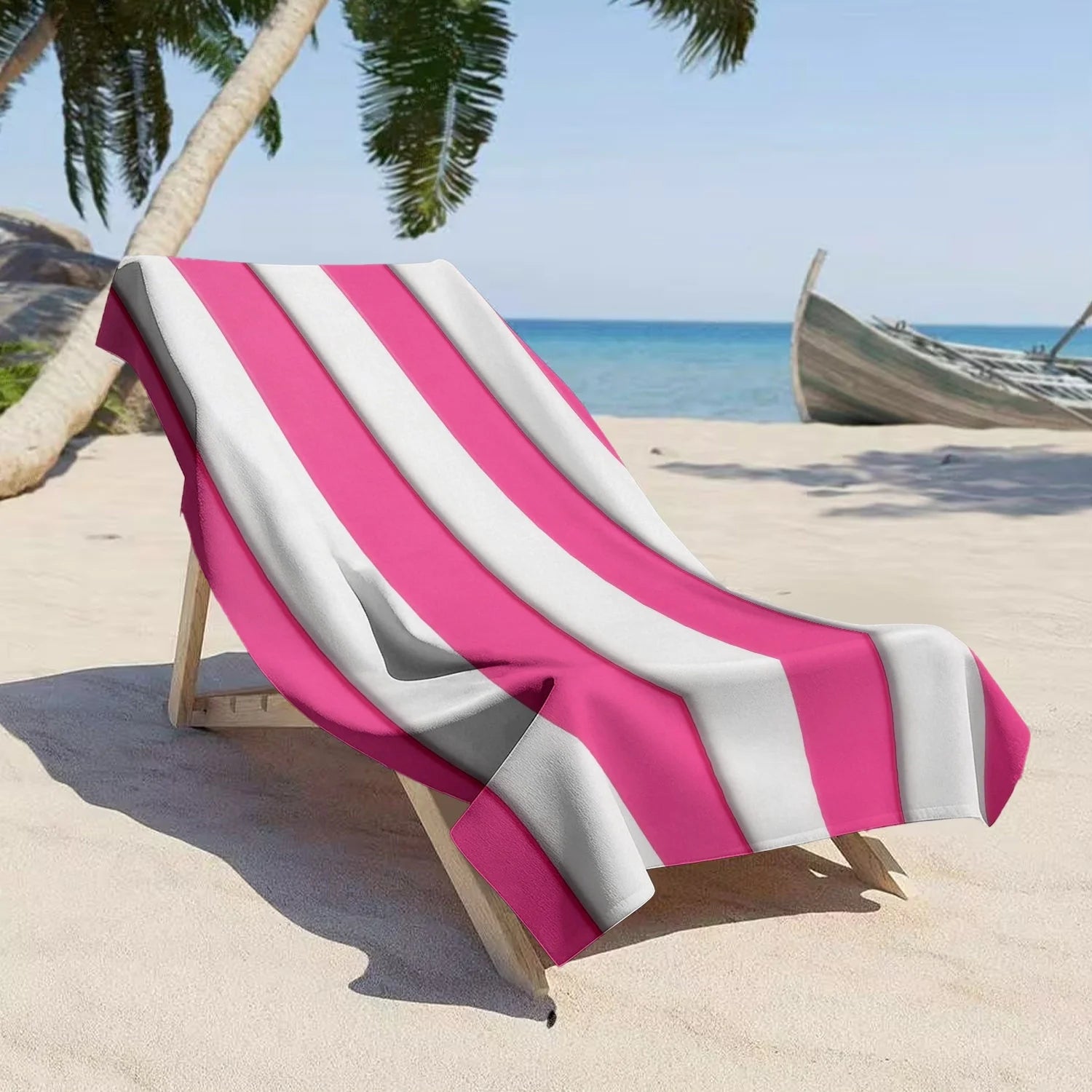 Cabana Stripe Beach Towel, Bright Pink & White Vertical Stripe Pattern Bath Towel, Perfect Pool & Beach Vacation Blanket 1pcs